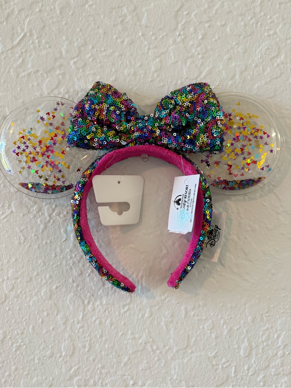 Disney Rainbow Sequin Minnie Ears Headband with Pink Trim
